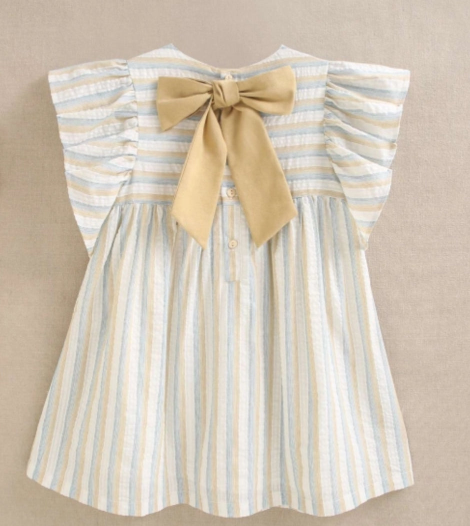 VESTIDO DE NIÑA DE RAYAS MOSTAZA Y AZUL CON VOLANTES EN MANGA