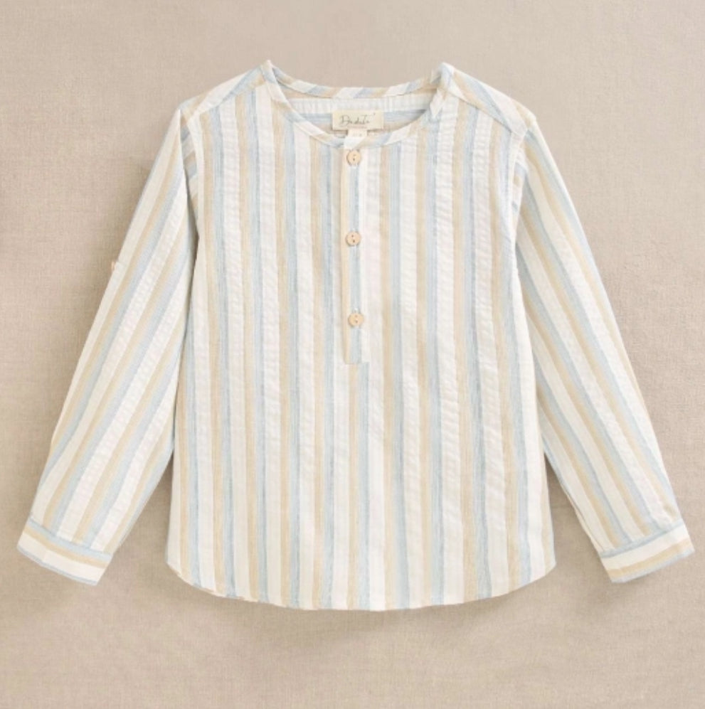 CAMISA DE NIÑO DE RAYAS BEIGE Y AZUL Y CUELLO REDONDO