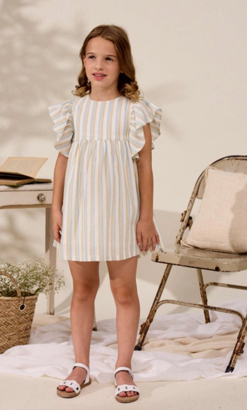 VESTIDO DE NIÑA DE RAYAS MOSTAZA Y AZUL CON VOLANTES EN MANGA