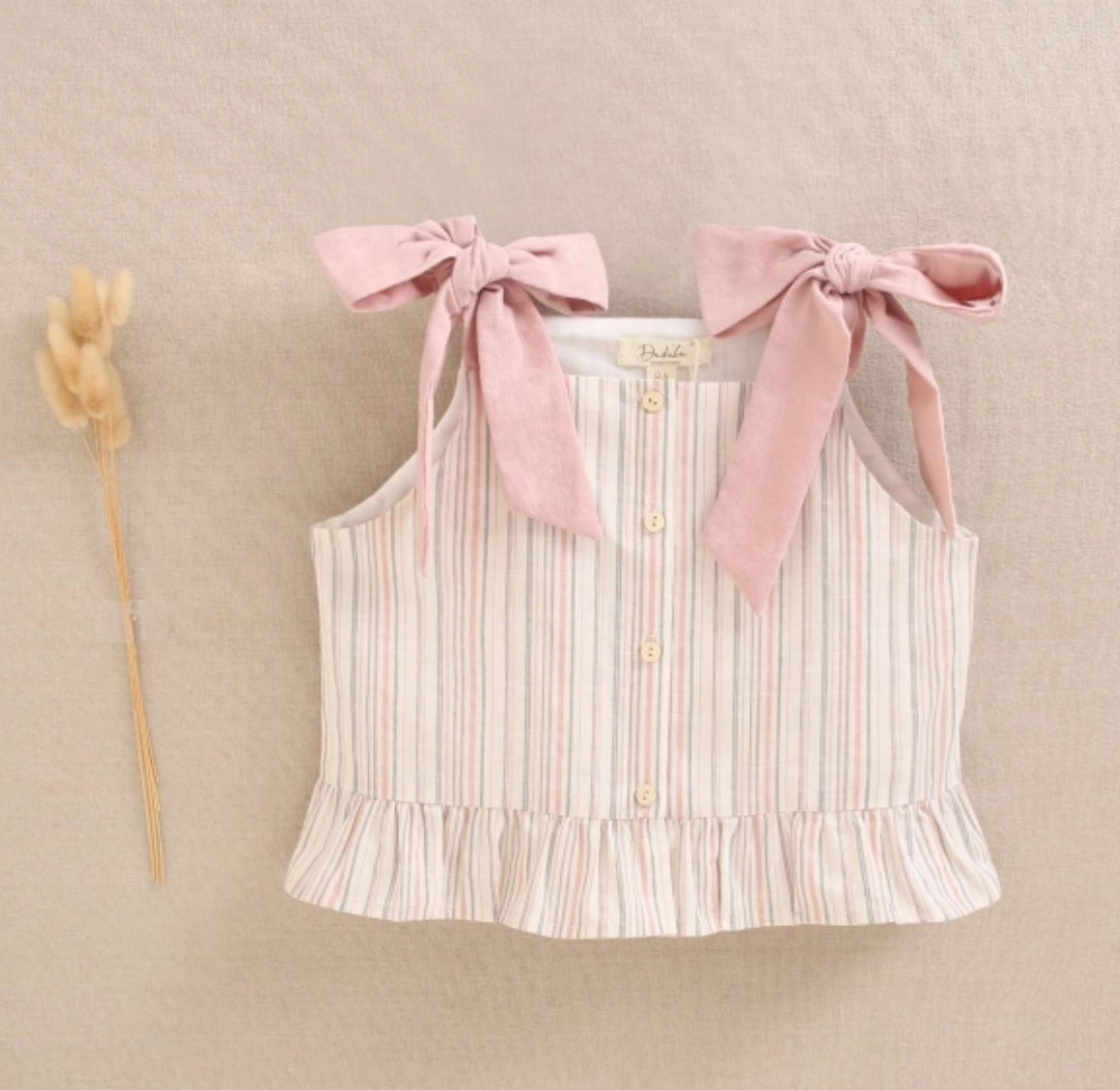 BLUSA DE NIÑA DE RAYAS CON TIRANTES CON LAZO ROSA