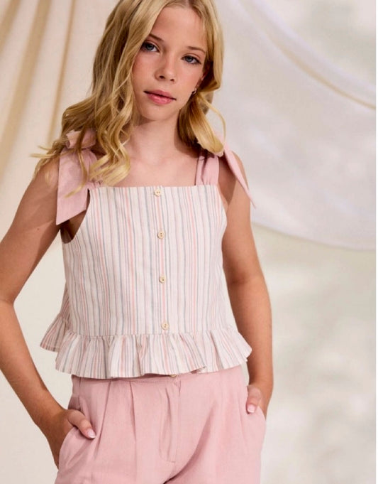 BLUSA DE NIÑA DE RAYAS CON TIRANTES CON LAZO ROSA