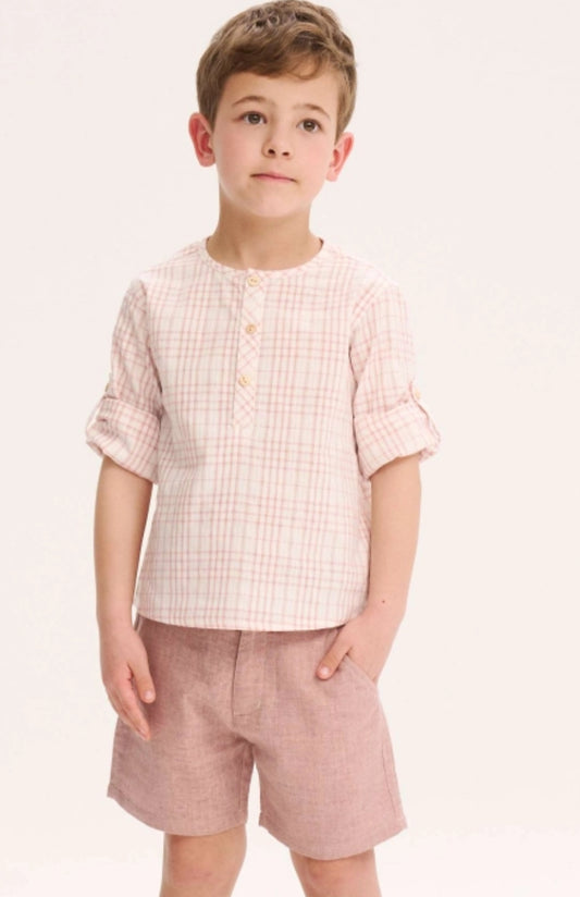 CAMISA DE NIÑO DE CUADROS CON CUELLO REDONDO