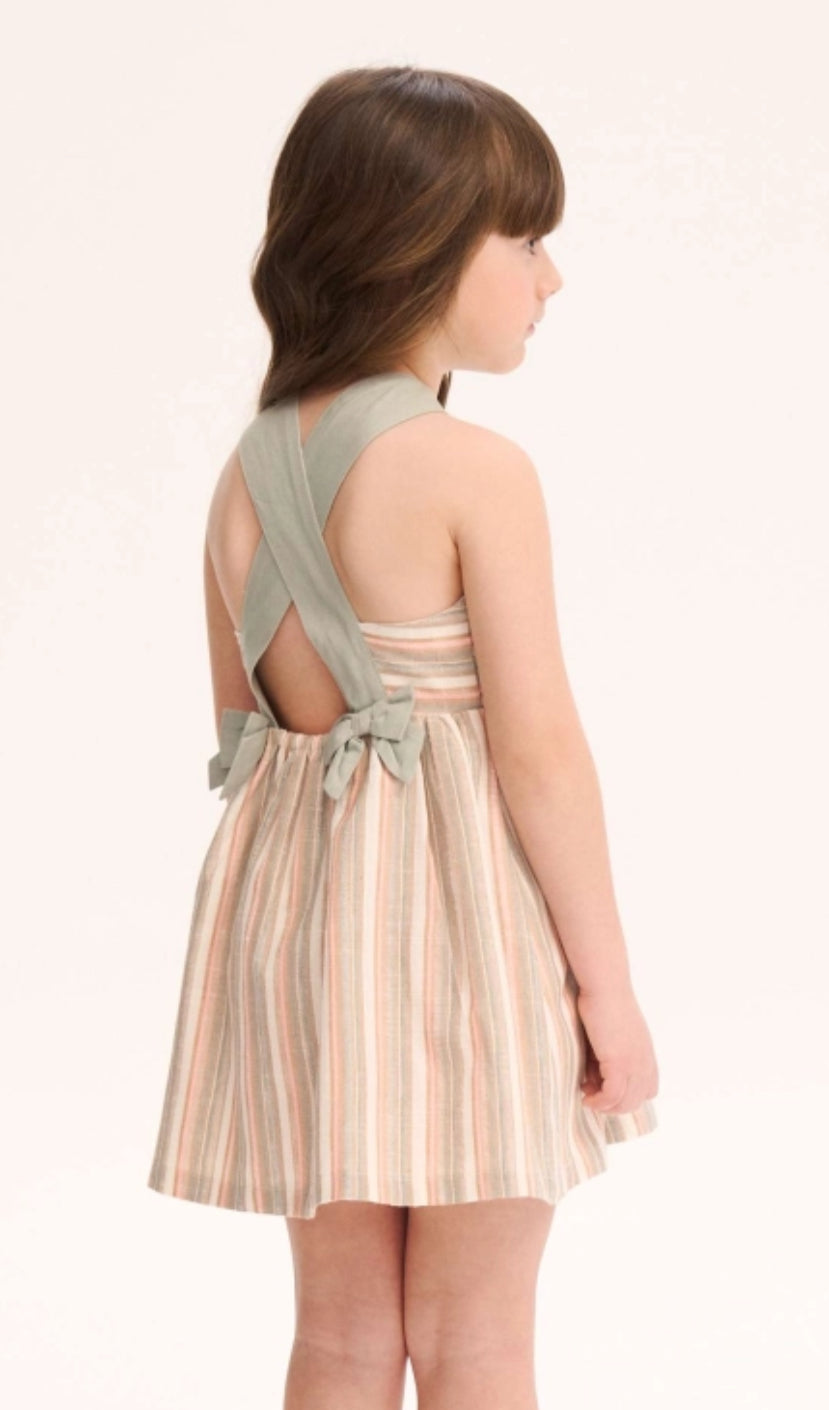 VESTIDO DE NIÑA DE RAYAS CON TIRANTE ATADO AL CUELLO