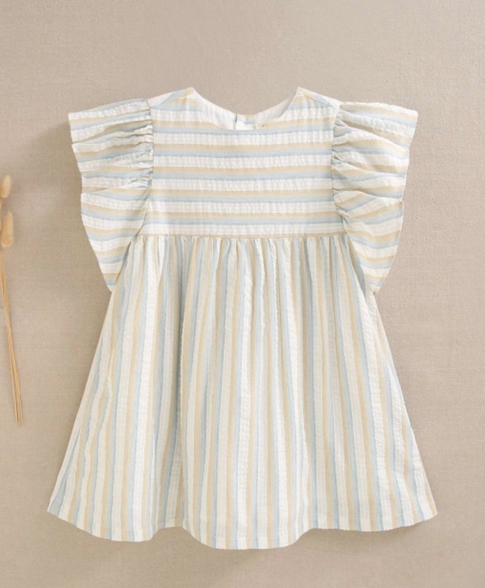 VESTIDO DE NIÑA DE RAYAS MOSTAZA Y AZUL CON VOLANTES EN MANGA